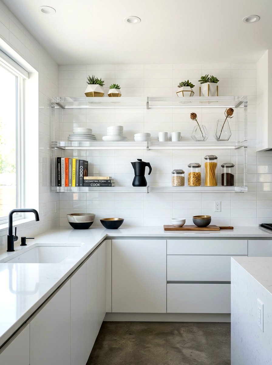 Glossy Acrylic Kitchen Shelving - 30 open shelving kitchen decor ideas