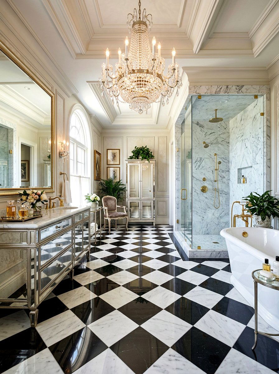Glossy Checkerboard Tile Layout - 30 checkerboard bathroom floor ideas