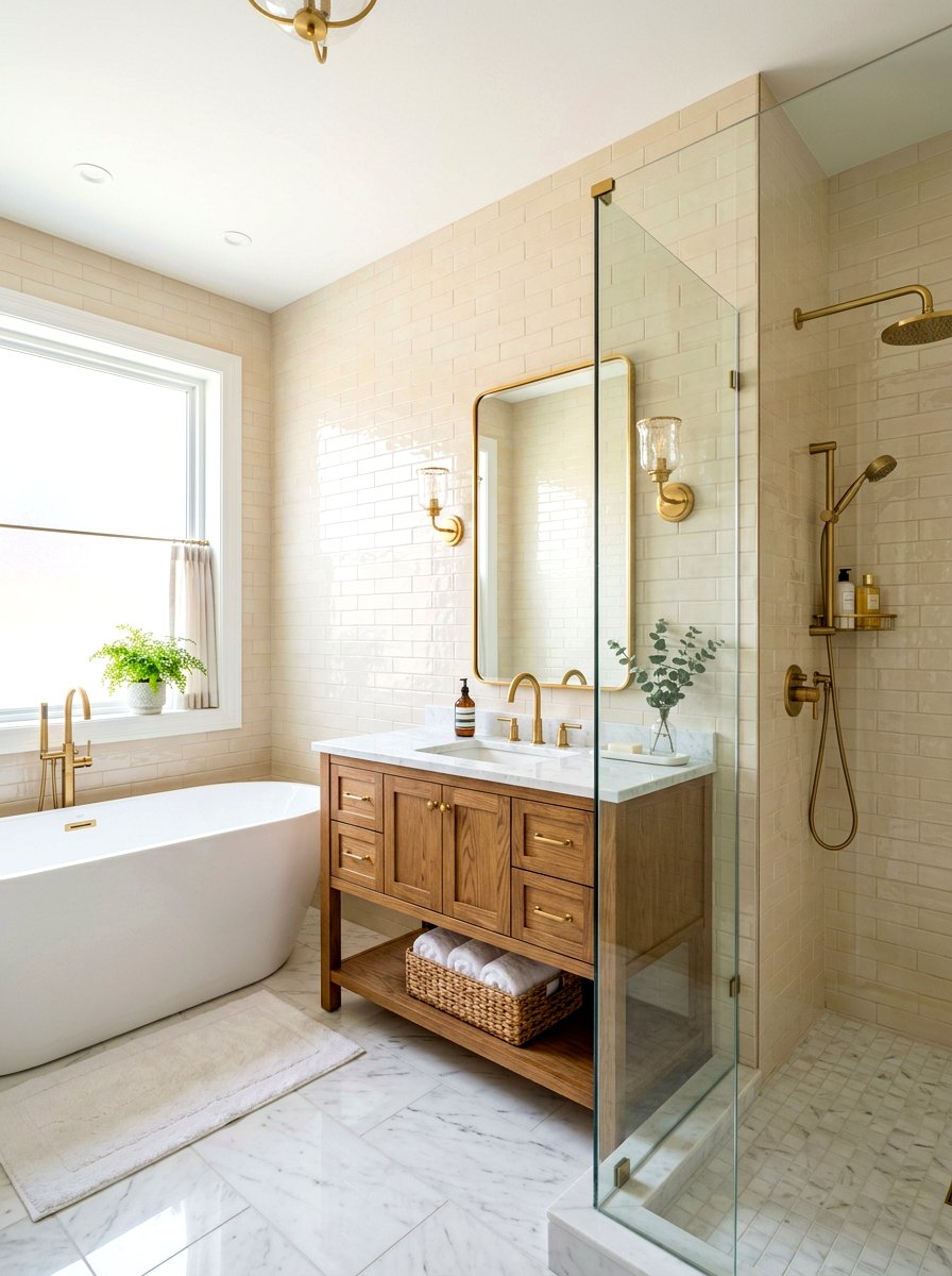 Glossy Cream Tile Bathroom - 30 floor to ceiling tile bathroom ideas