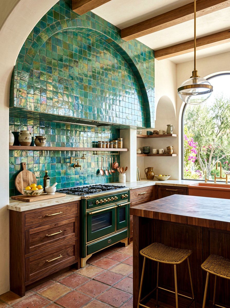 Glossy Tile Arched Range Hood - 30 rounded kitchen hood ideas