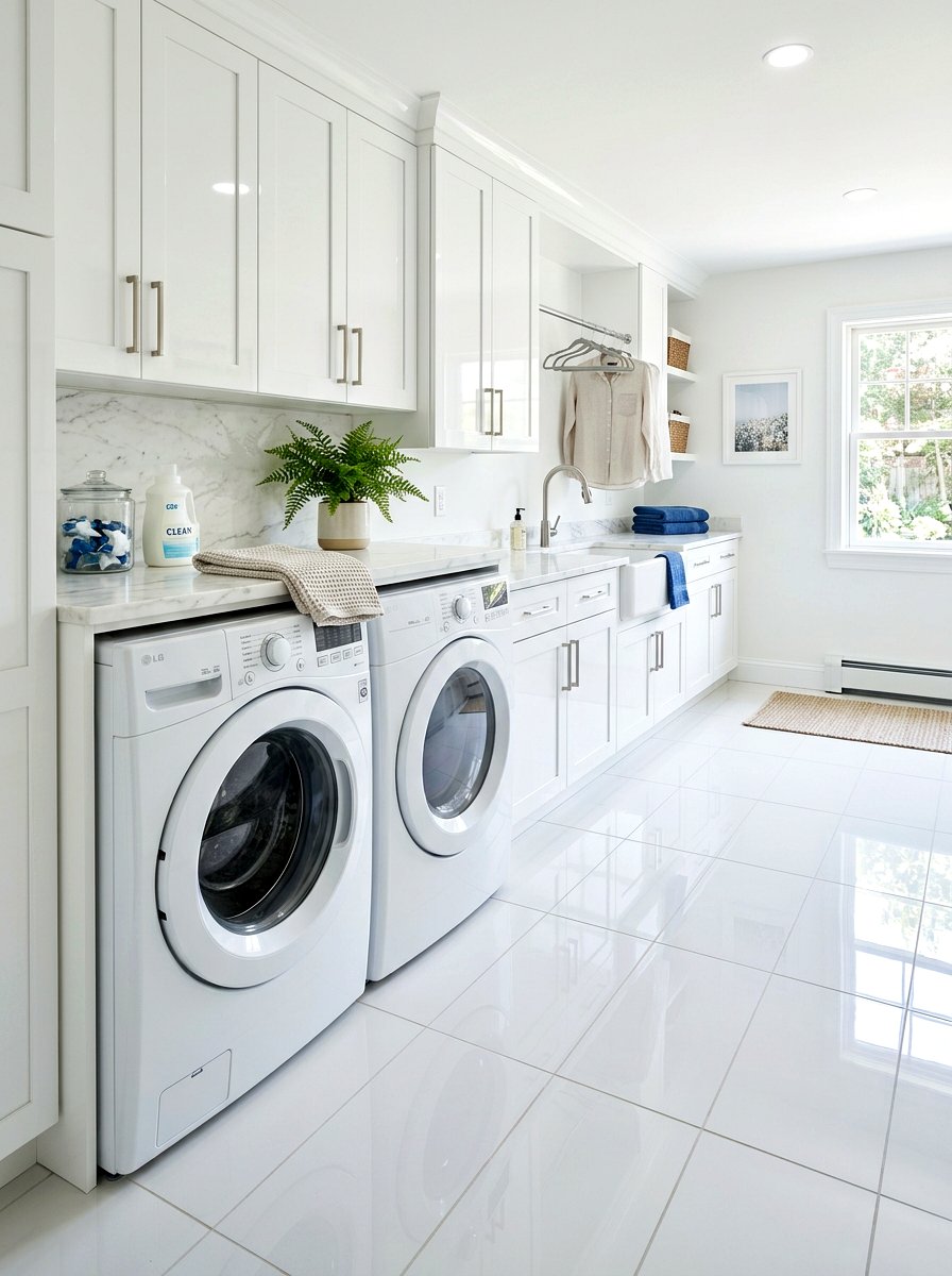 Glossy White Ceramic Tile - 30 laundry room floor tile ideas