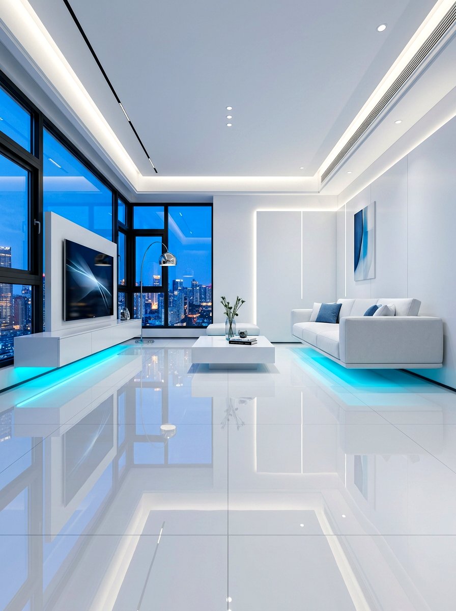 Glossy White Floor - 30 futuristic glam living room ideas