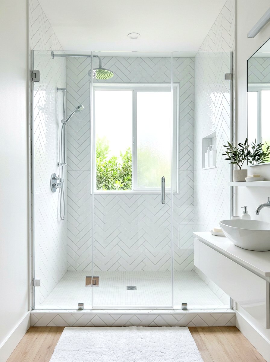 Glossy White Herringbone Shower - 30 herringbone shower tile ideas