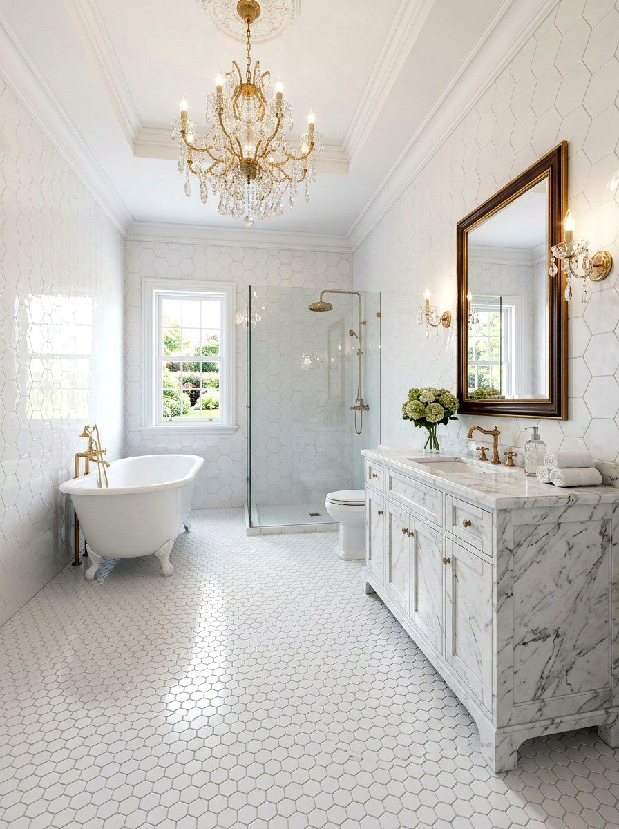 Glossy White Hexagon Tile Bathroom - 30 hex tile bathroom ideas