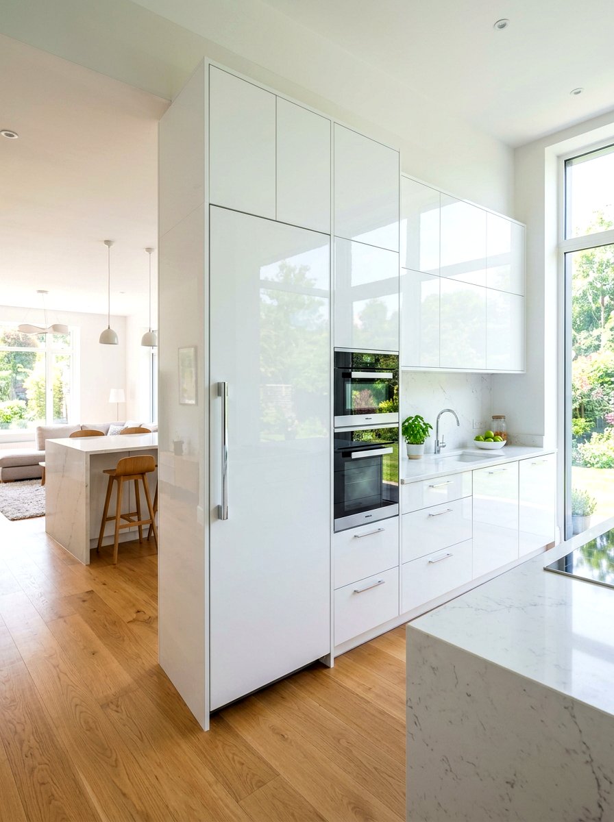 Glossy White Integrated Fridge - 30 hidden fridge ideas