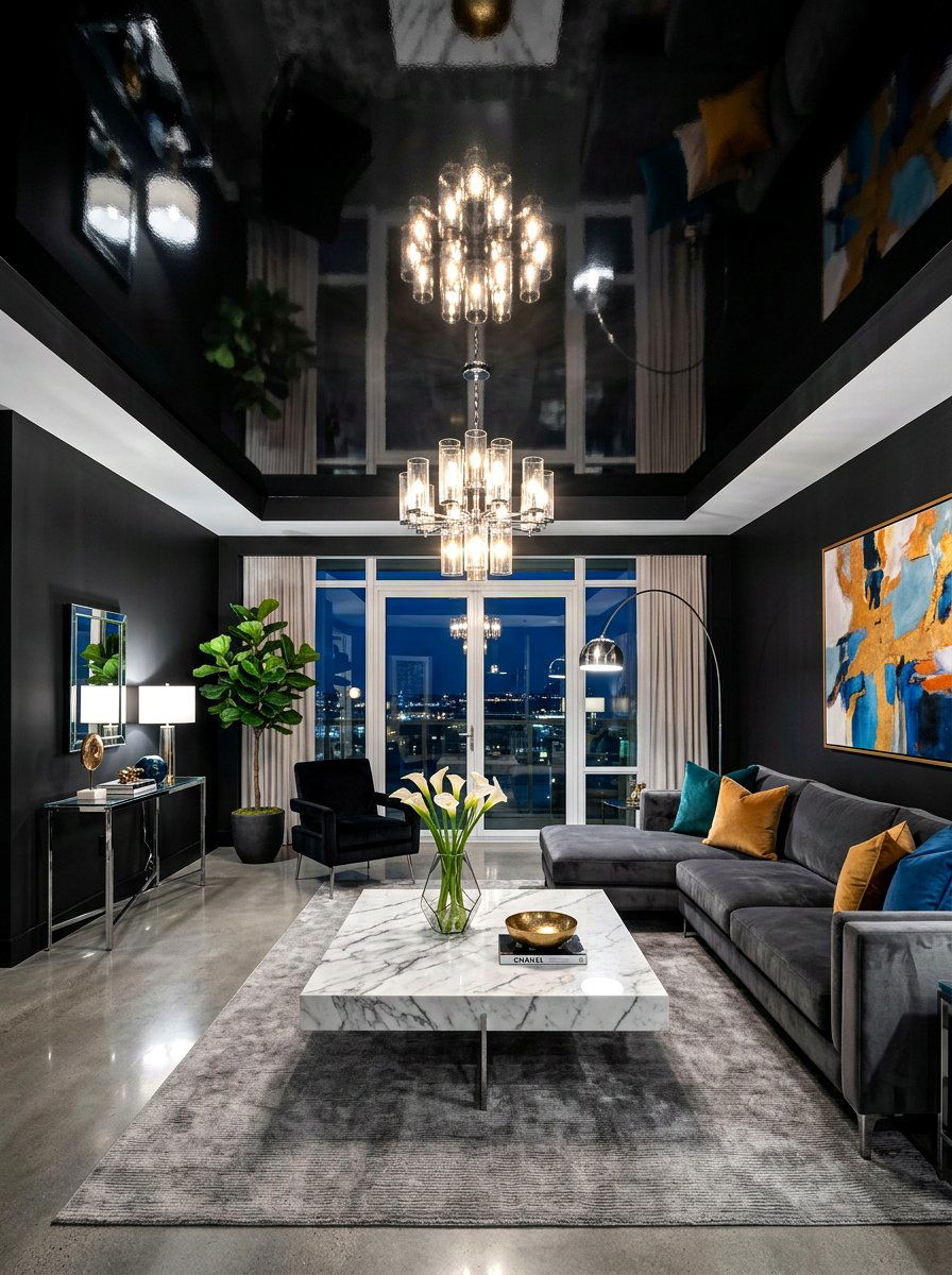Glossy black ceiling paint - 30 ceiling drench living room ideas