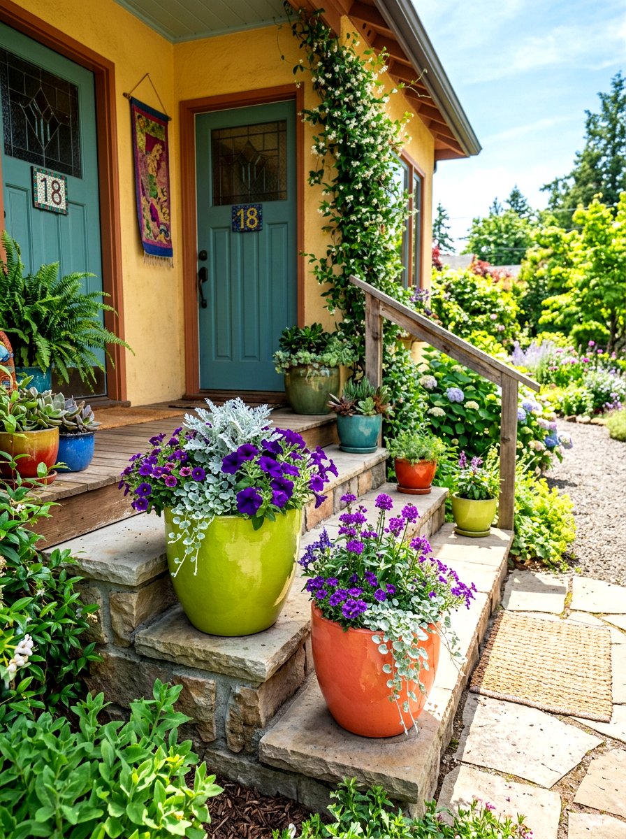 Glossy colorful planters - 30 porch step planter ideas