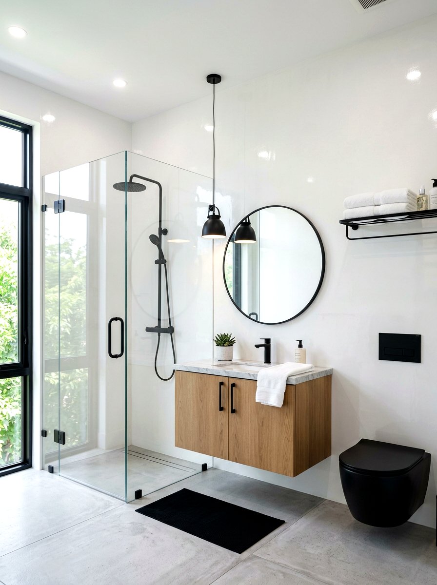 Glossy microcement bathroom walls - 30 microcement bathroom ideas