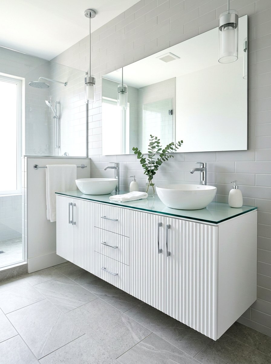 Glossy white fluted vanity - 30 reeded vanity bathroom ideas
