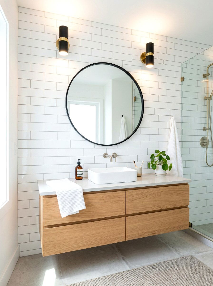 Glossy white subway tile backsplash - 30 removable tile bathroom ideas