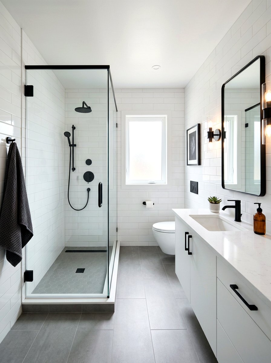 Glossy white tile matte black fixtures - 30 niche tile contrast ideas