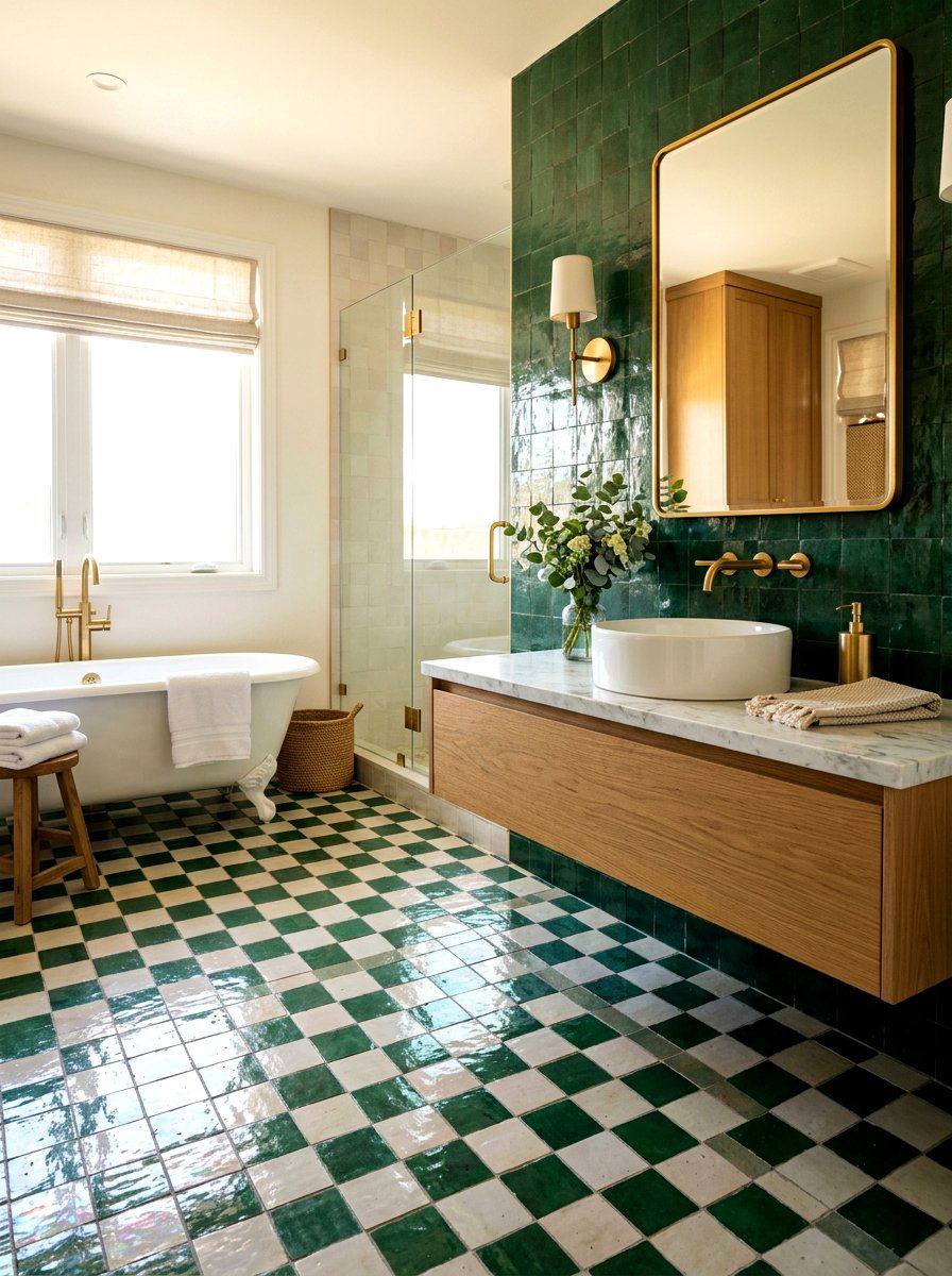 Glossy zellige style checkerboard floor - 30 checkerboard bath floor ideas
