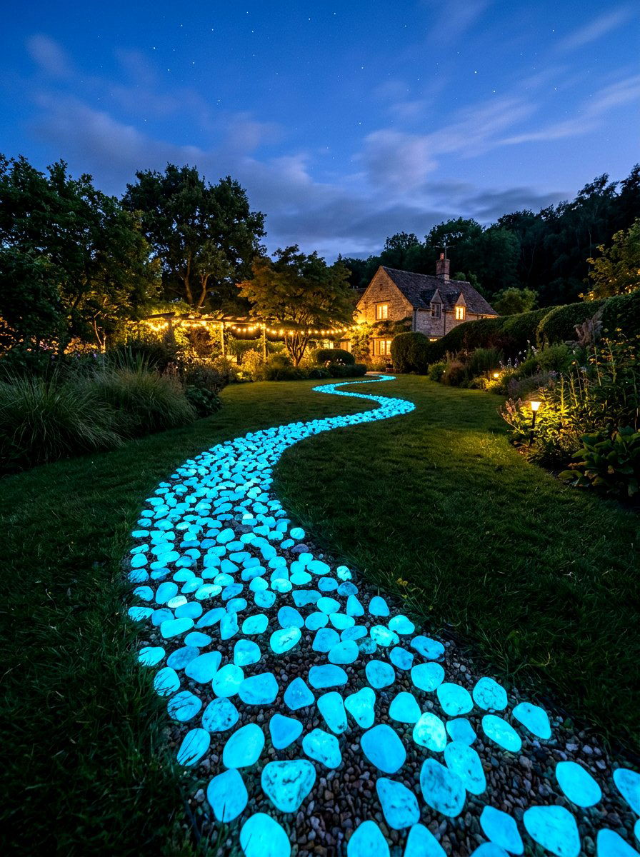 Glow in the dark stones - 30 stepping stones through grass ideas