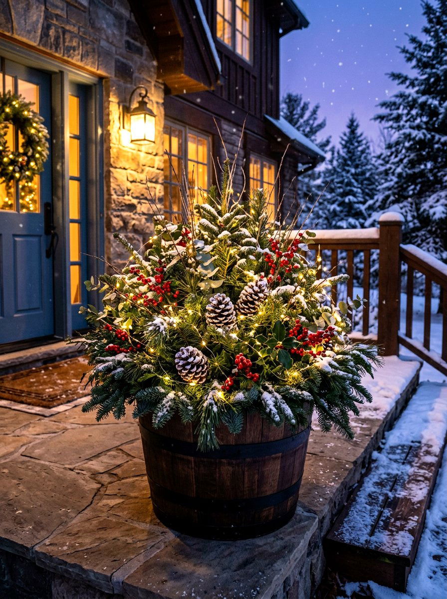 Glowing Fairy Lights Planter - 30 winter porch planter ideas
