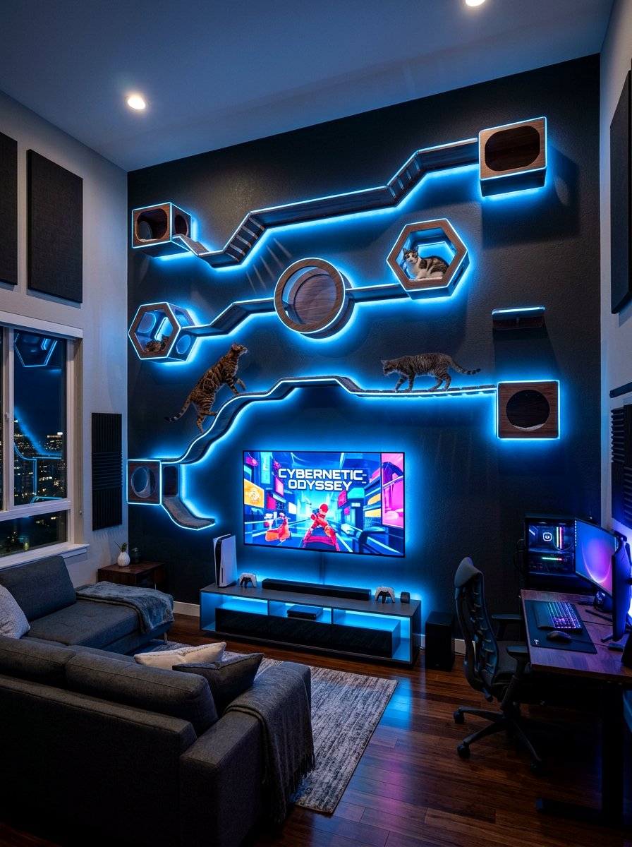 Glowing LED Cat Shelf Wall - 30 cat shelf wall ideas