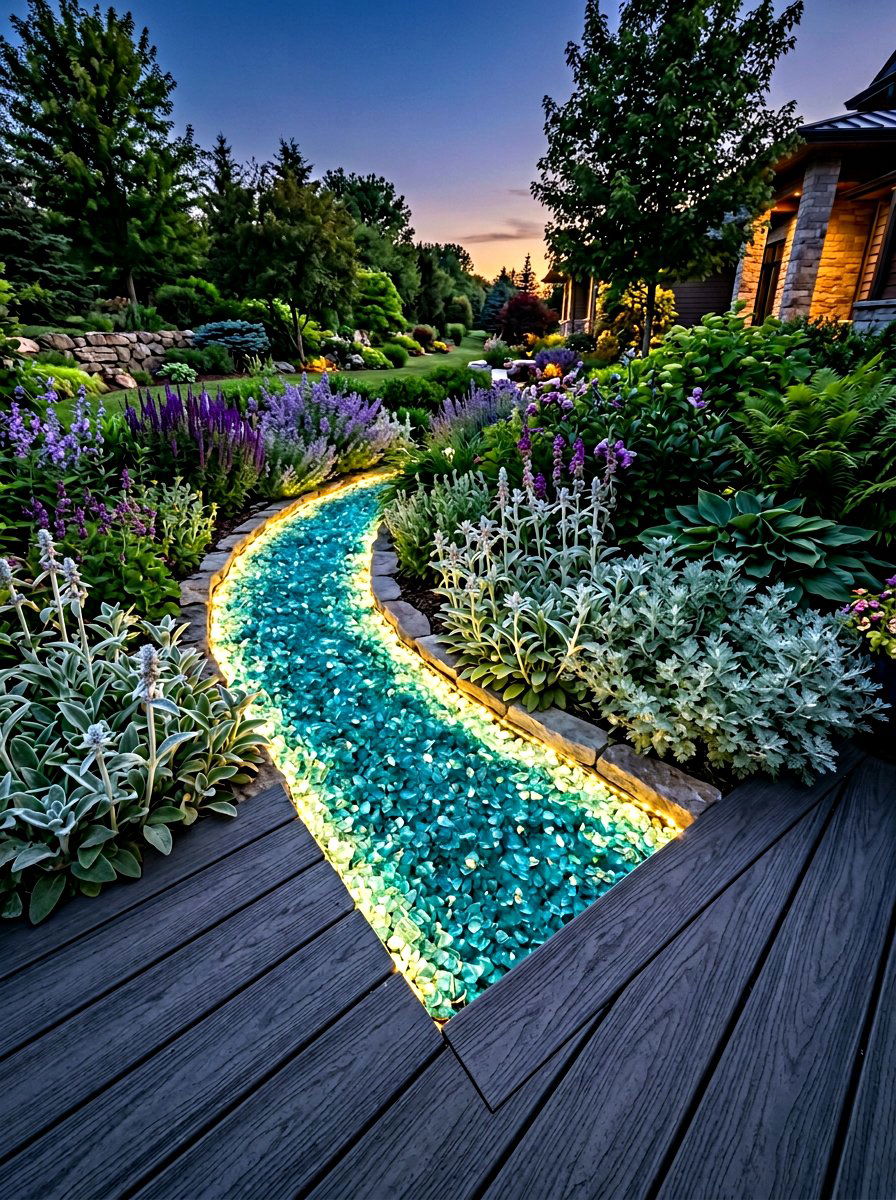Glowing glass mulch garden border - 30 gravel border garden ideas