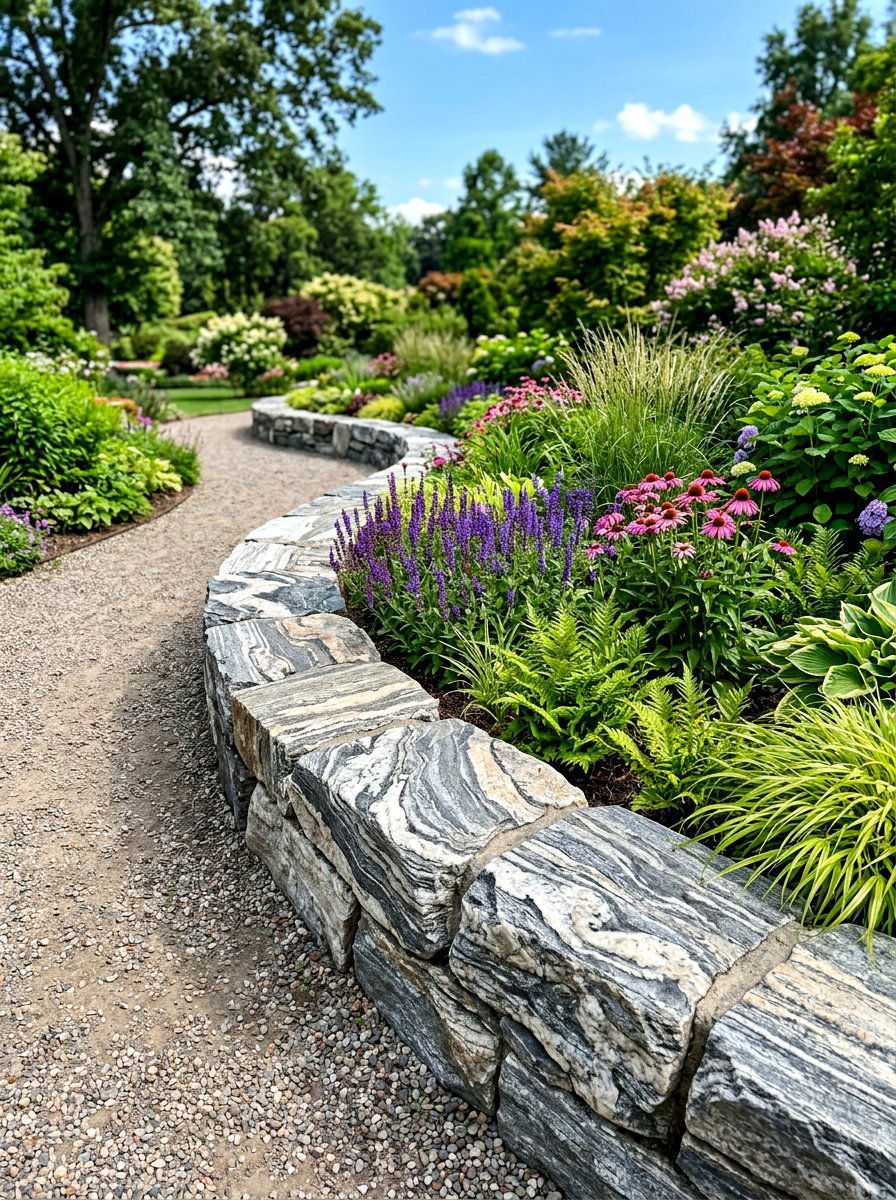 Gneiss stone landscape border - 30 stone mulch border ideas