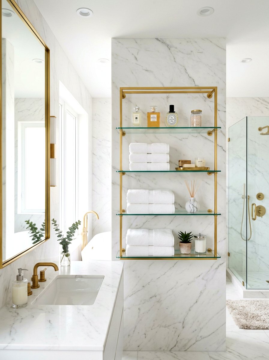 Gold Accent Bathroom Shelving - 30 bathroom linen shelf ideas