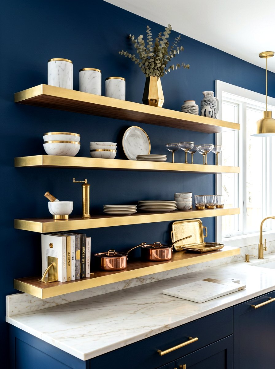 Gold Accent Kitchen Shelves - 30 open shelving kitchen decor ideas