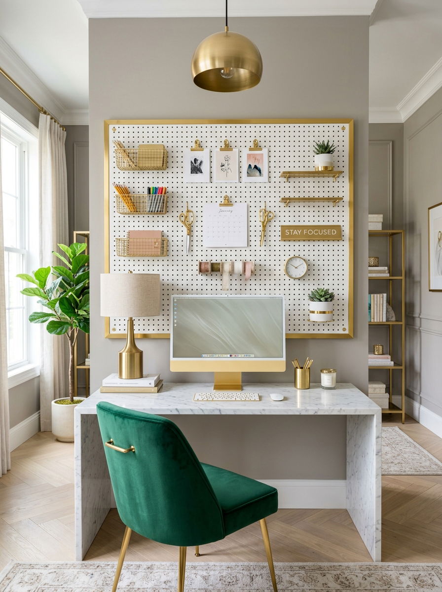 Gold Accent Pegboard - 30 office pegboard ideas