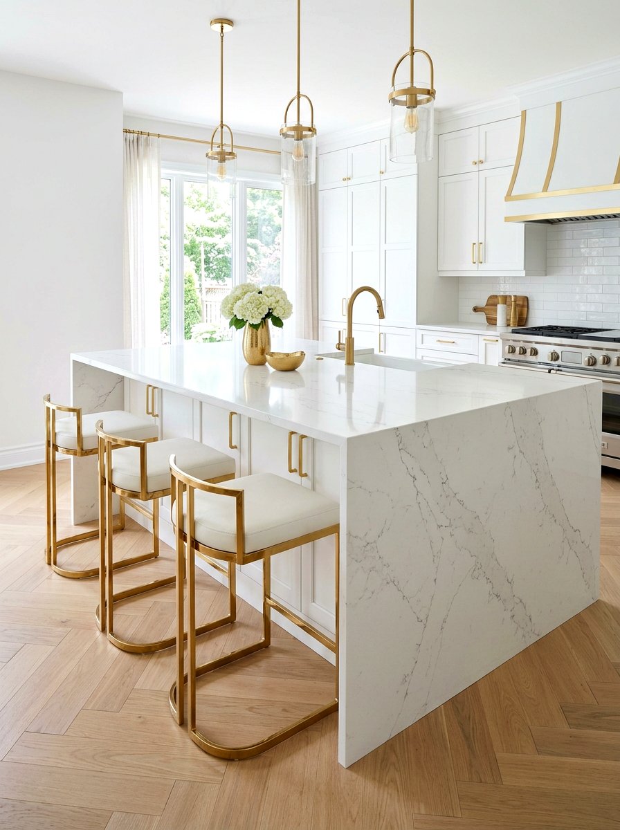 Gold Accent Waterfall Island Stools - 30 waterfall island seating ideas