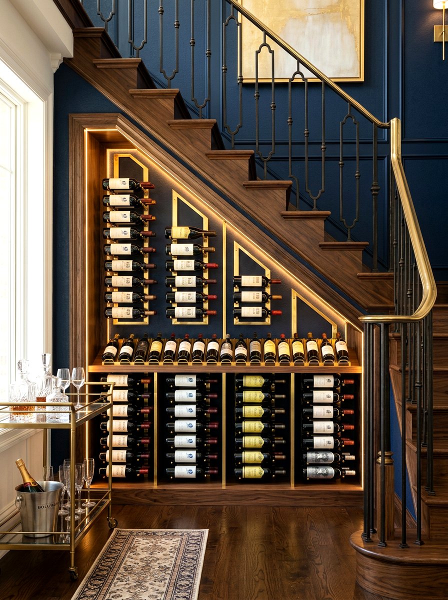 Gold Accent Wine Rack - 30 under stairs wine nook ideas