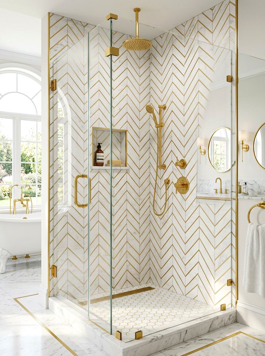 Gold Accents Herringbone Shower - 30 herringbone shower tile ideas