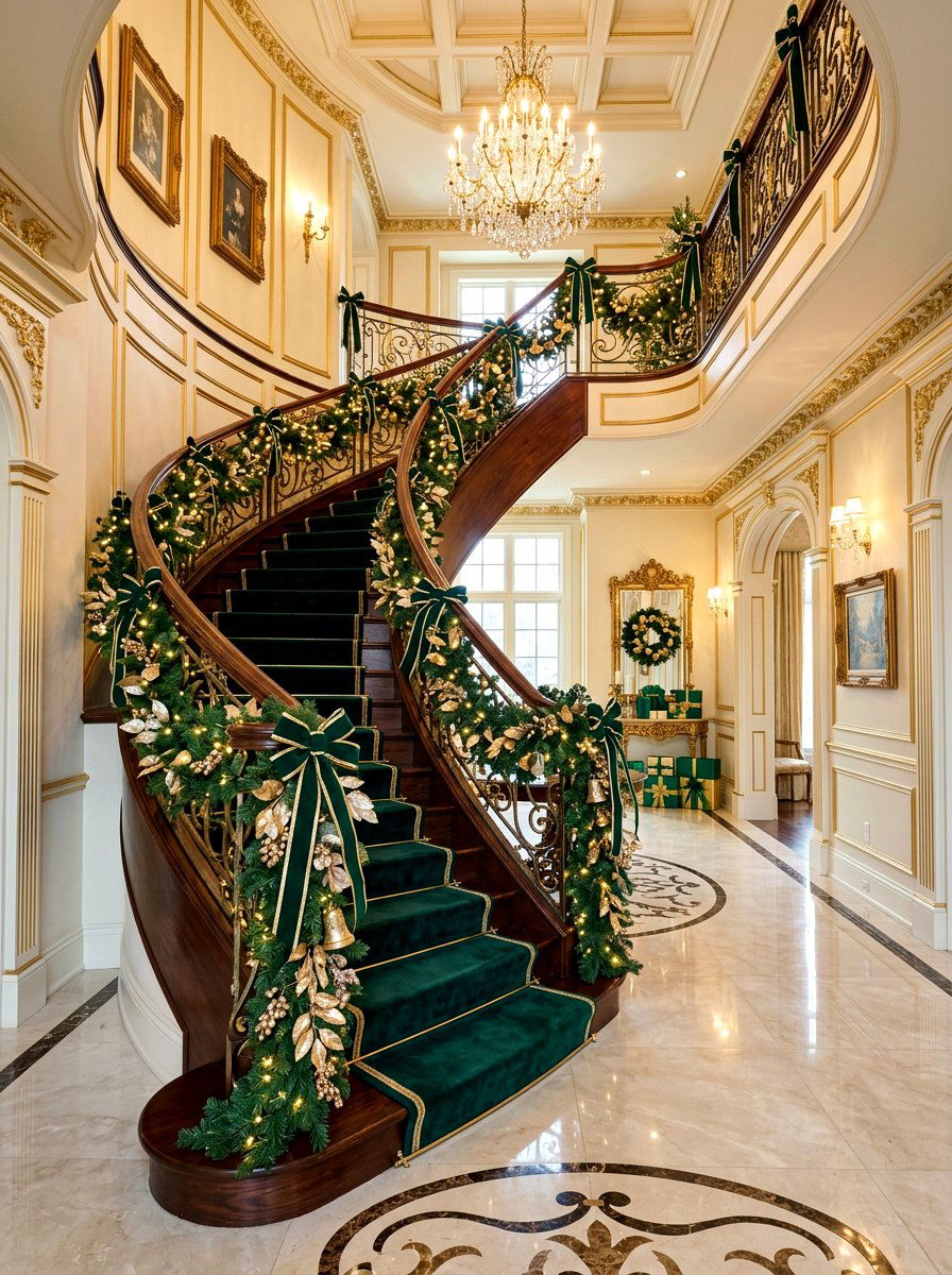 Gold And Emerald Staircase Garland - 30 jewel tone holiday decor ideas