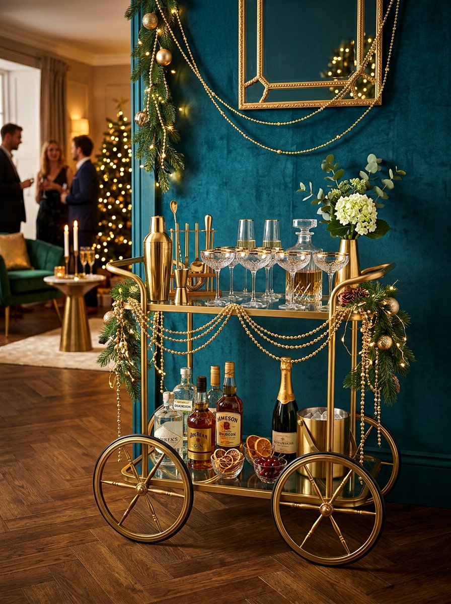 Gold Bar Cart Area - 30 metallic holiday decor ideas