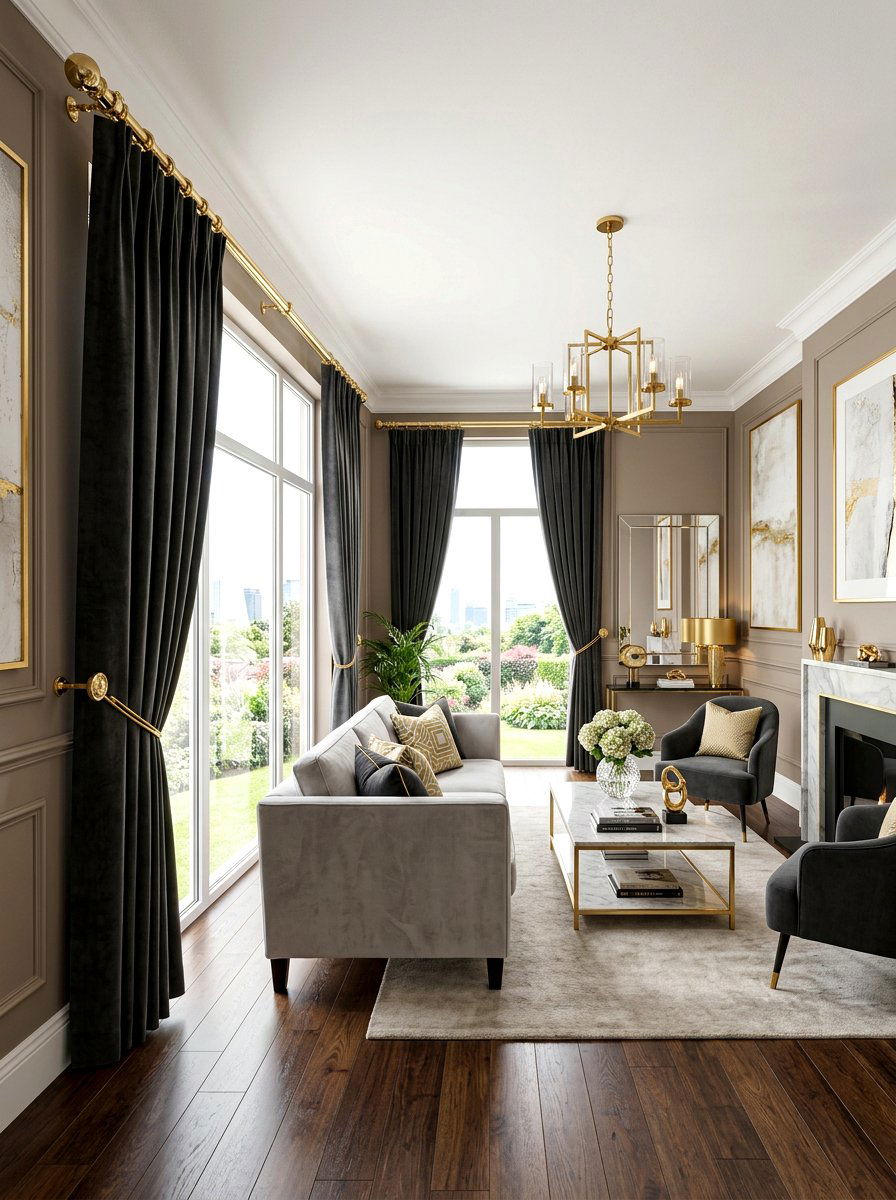 Gold Curtain Rods - 30 dramatic drapery living room ideas