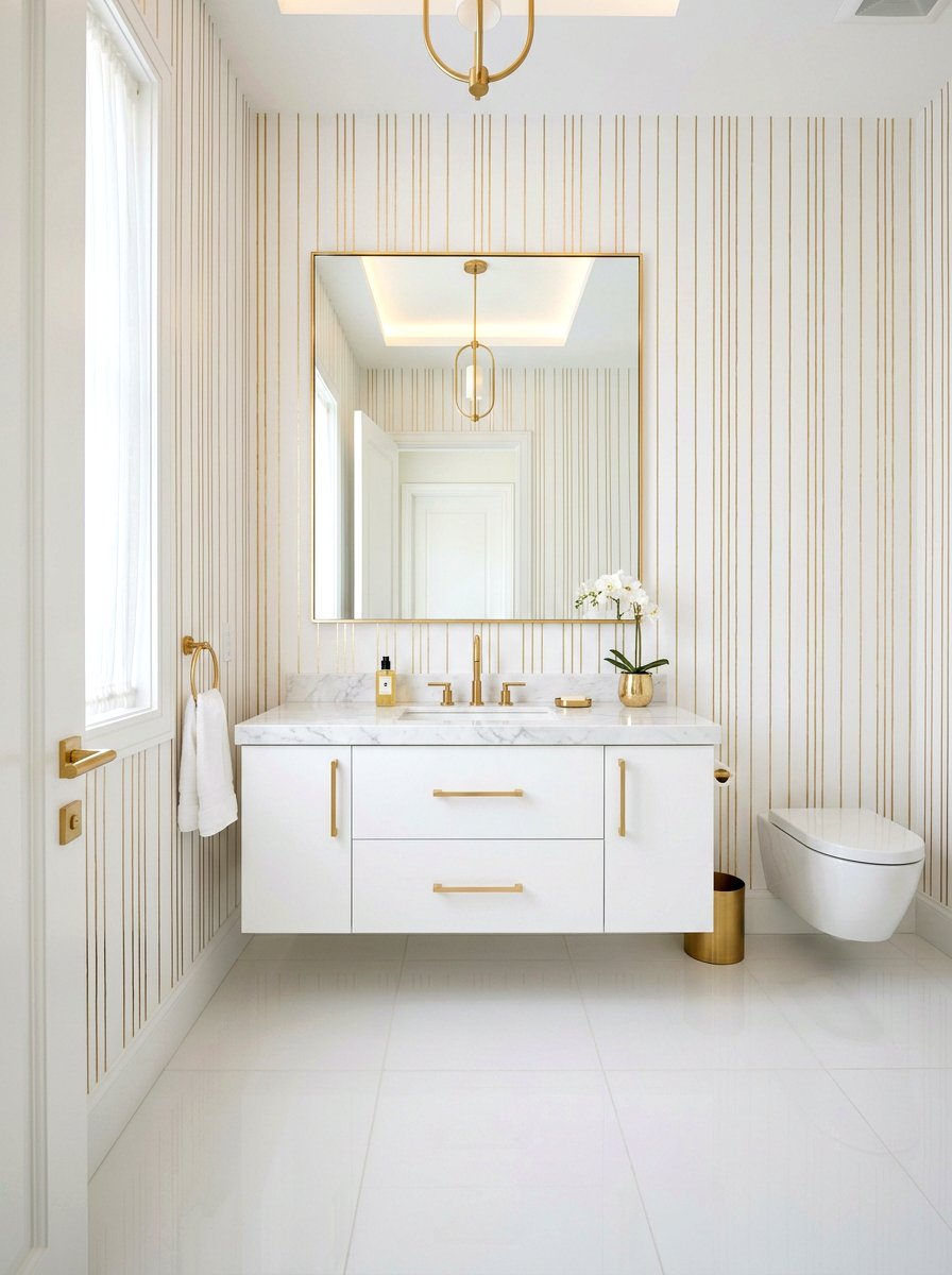 Gold Foil Vertical Stripe Wallpaper - 30 stripe powder bath ideas