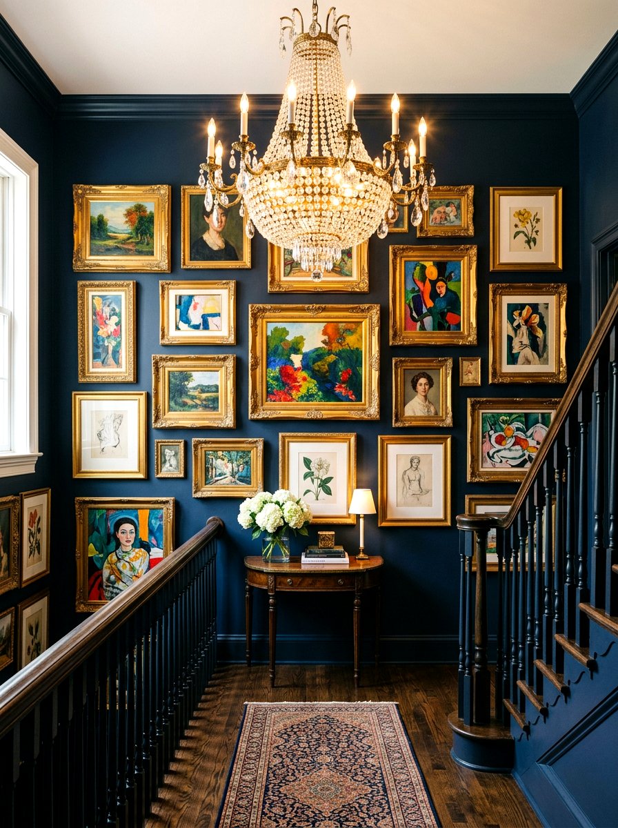 Gold Frame Gallery Wall - 30 stair landing gallery ideas