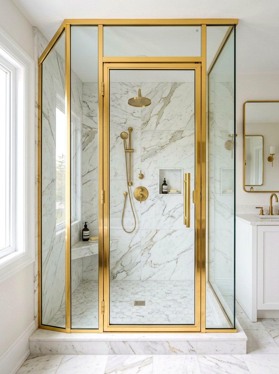 Gold Framed Shower Door - 30 art deco bathroom ideas