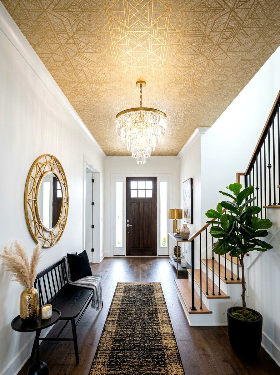Gold Geometric Wallpaper Entryway - 30 wallpapered foyer ceiling ideas