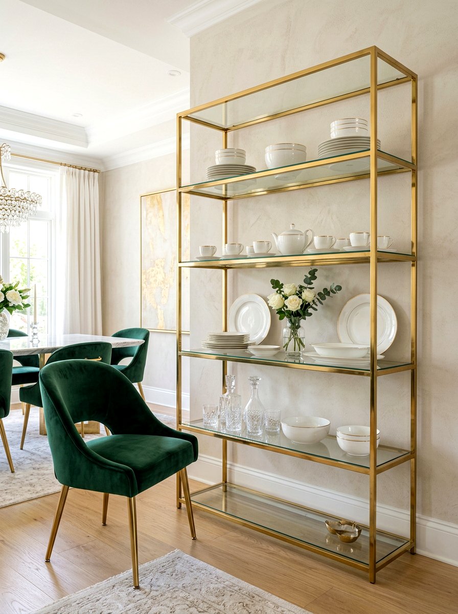 Gold Glass Shelves - 30 dining room china display ideas