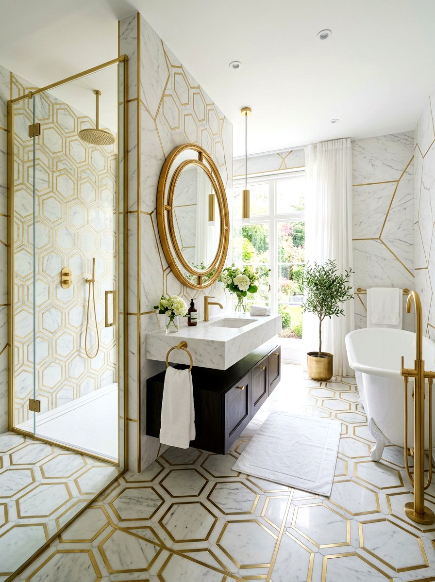 Gold Inlay Hexagon Tile Bathroom - 30 hex tile bathroom ideas