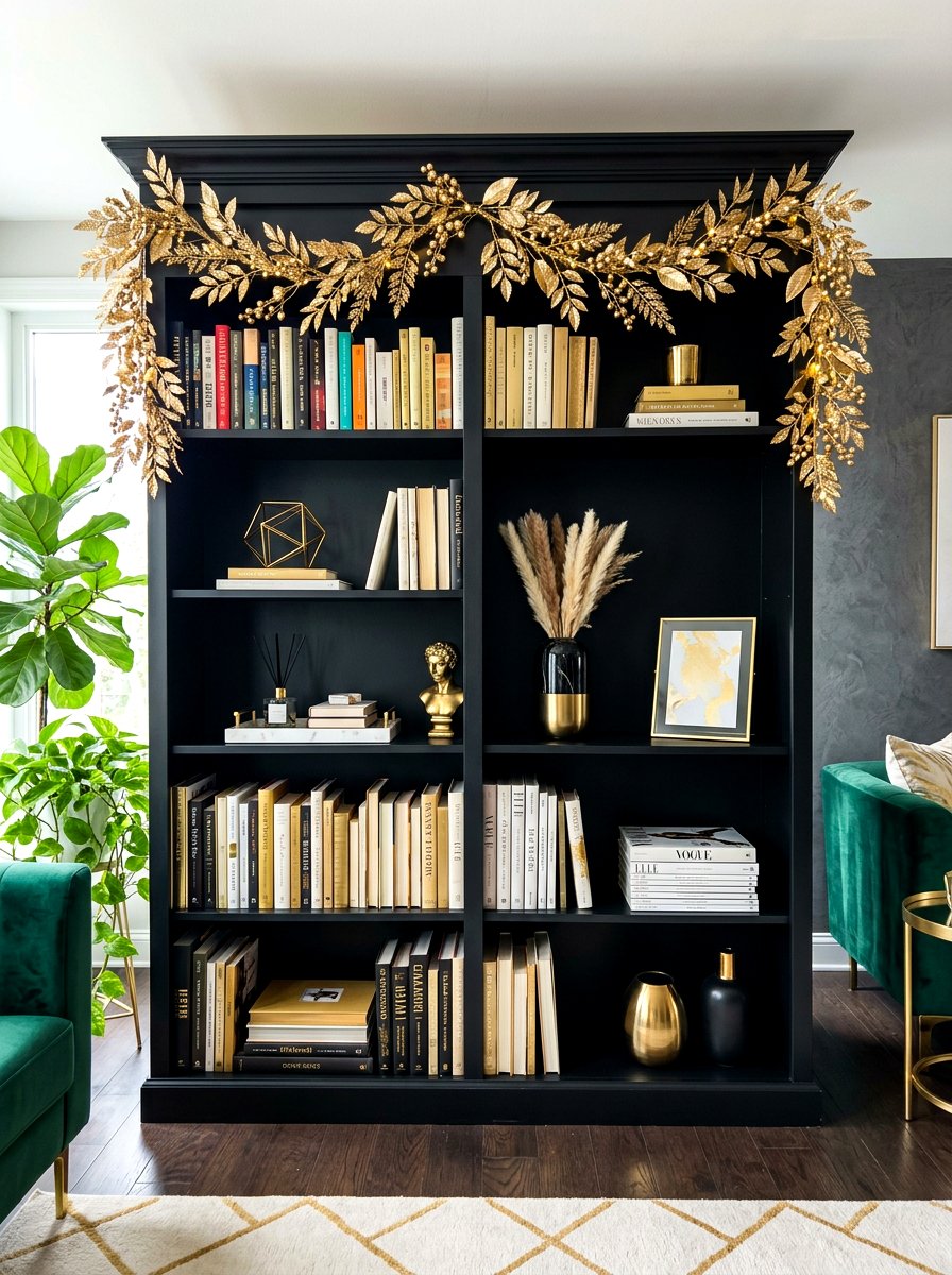 Gold Leaf Bookshelf Garland - 30 bookshelf garland ideas
