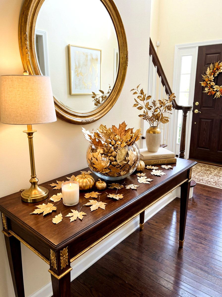 Gold Leaf Fall Entry Table - 30 Thanksgiving entry table ideas