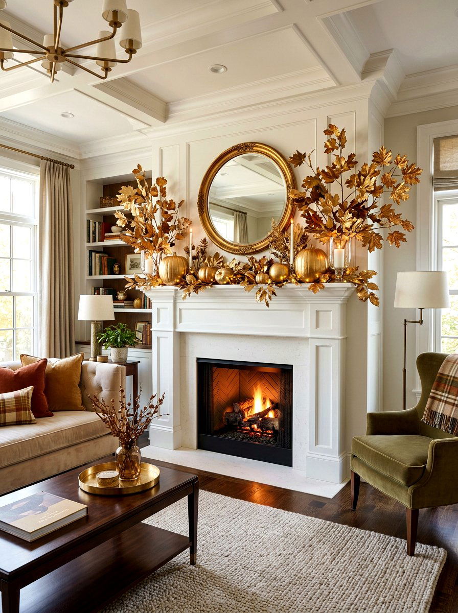 Gold Leaf Fall Mantel Accents - 30 fall mantel styling ideas