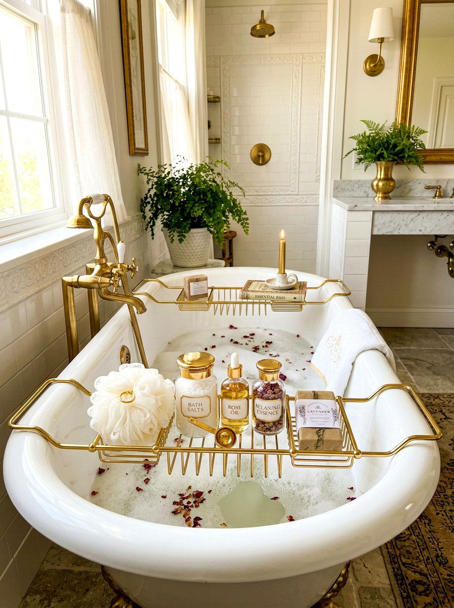 Gold Metal Bath Rack - 30 bath tray spa ideas