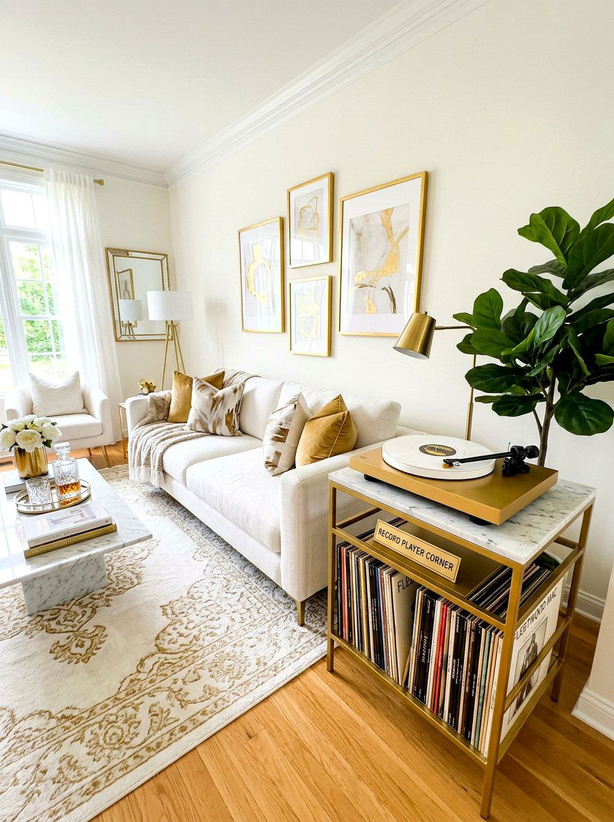 Gold Metal Record Stand - 30 record player corner ideas