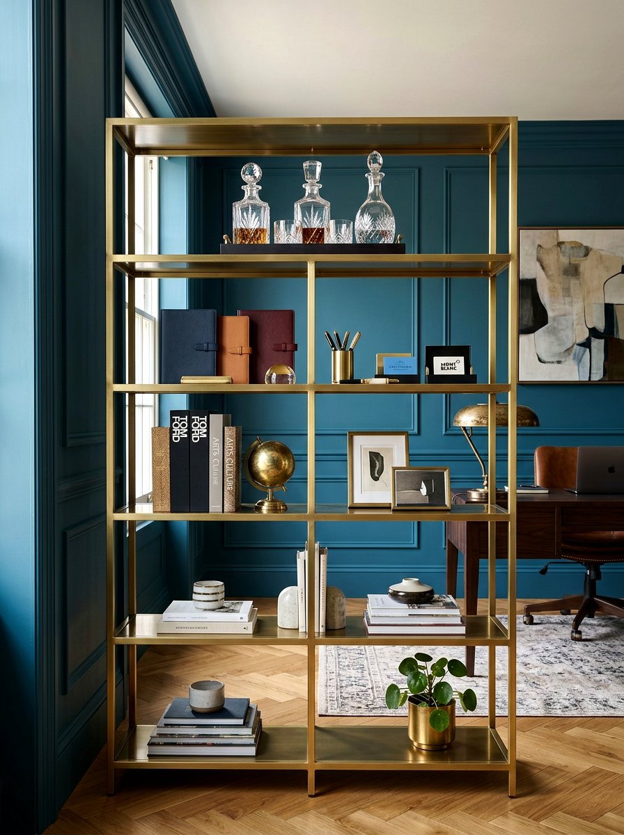 Gold Metal Shelves - 30 open shelving decor ideas