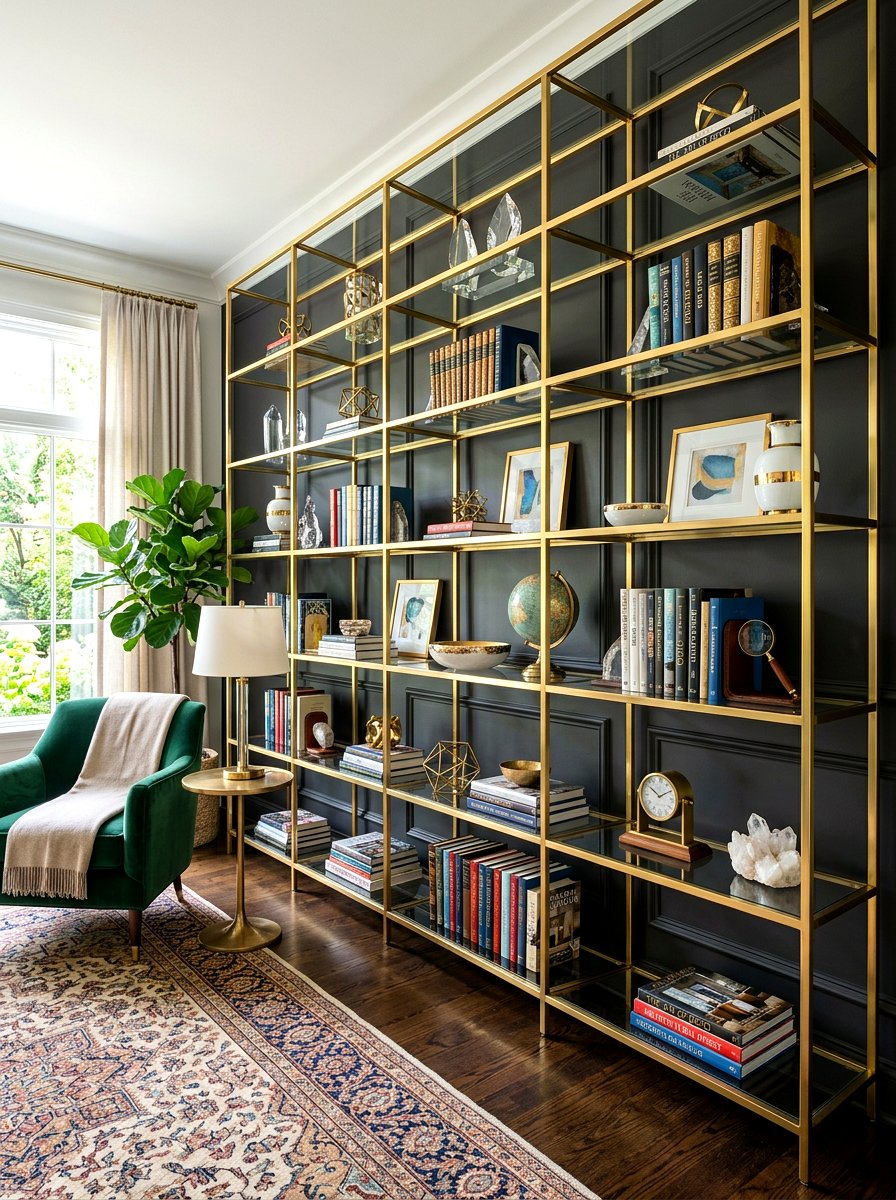 Gold Metal Shelving - 30 home library wall ideas