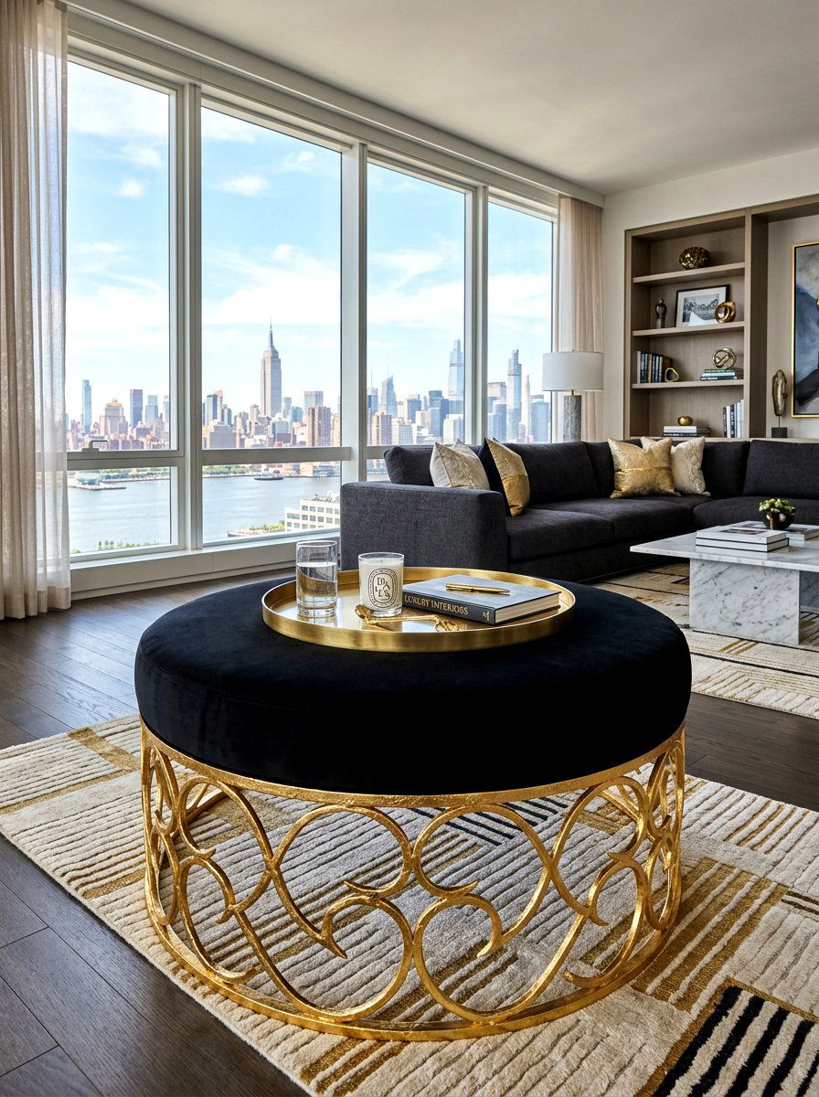 Gold Metallic Accented Ottoman - 30 living room ottoman styling ideas