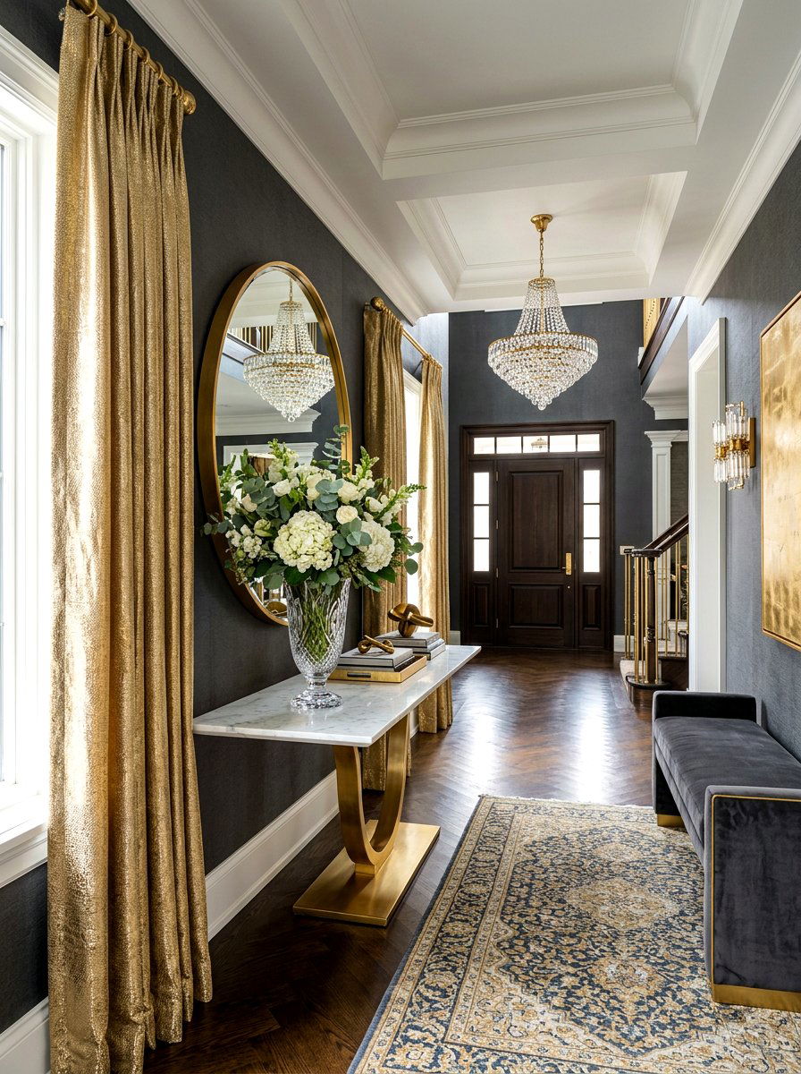 Gold Metallic Curtains For Glamorous Entryway - 30 drapery color ideas