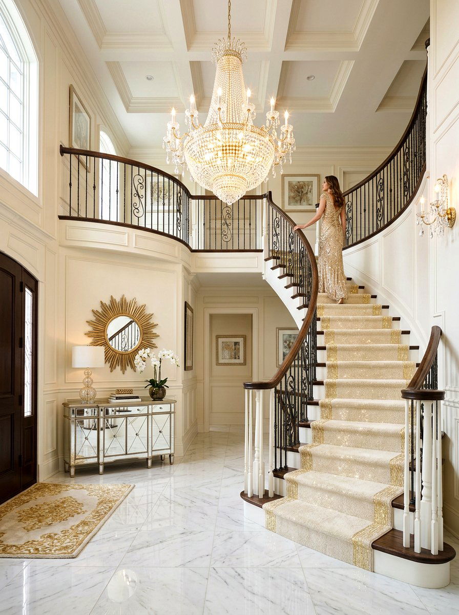 Gold Metallic Thread Stair Runner - 30 dramatic stair runner ideas
