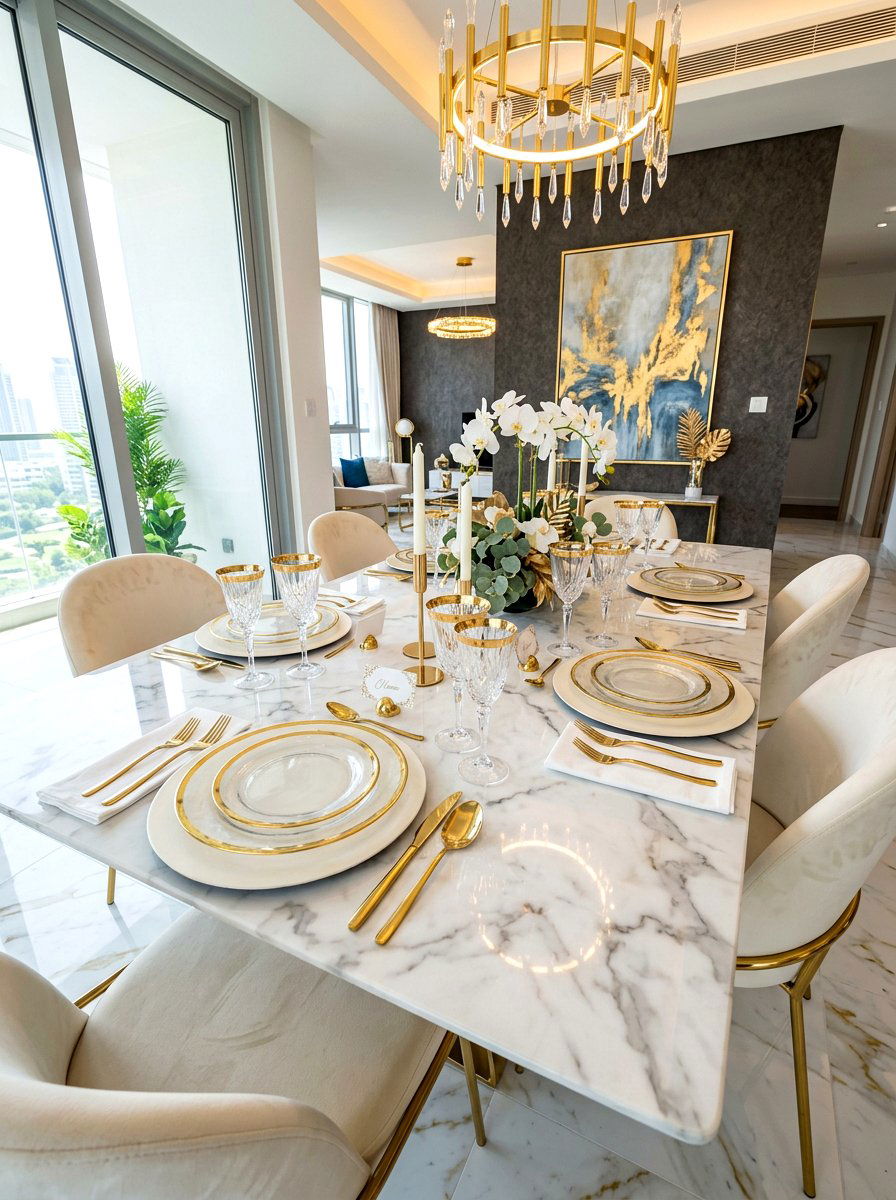 Gold Rimmed Modern Tablescape - 30 layered tablescape dining ideas