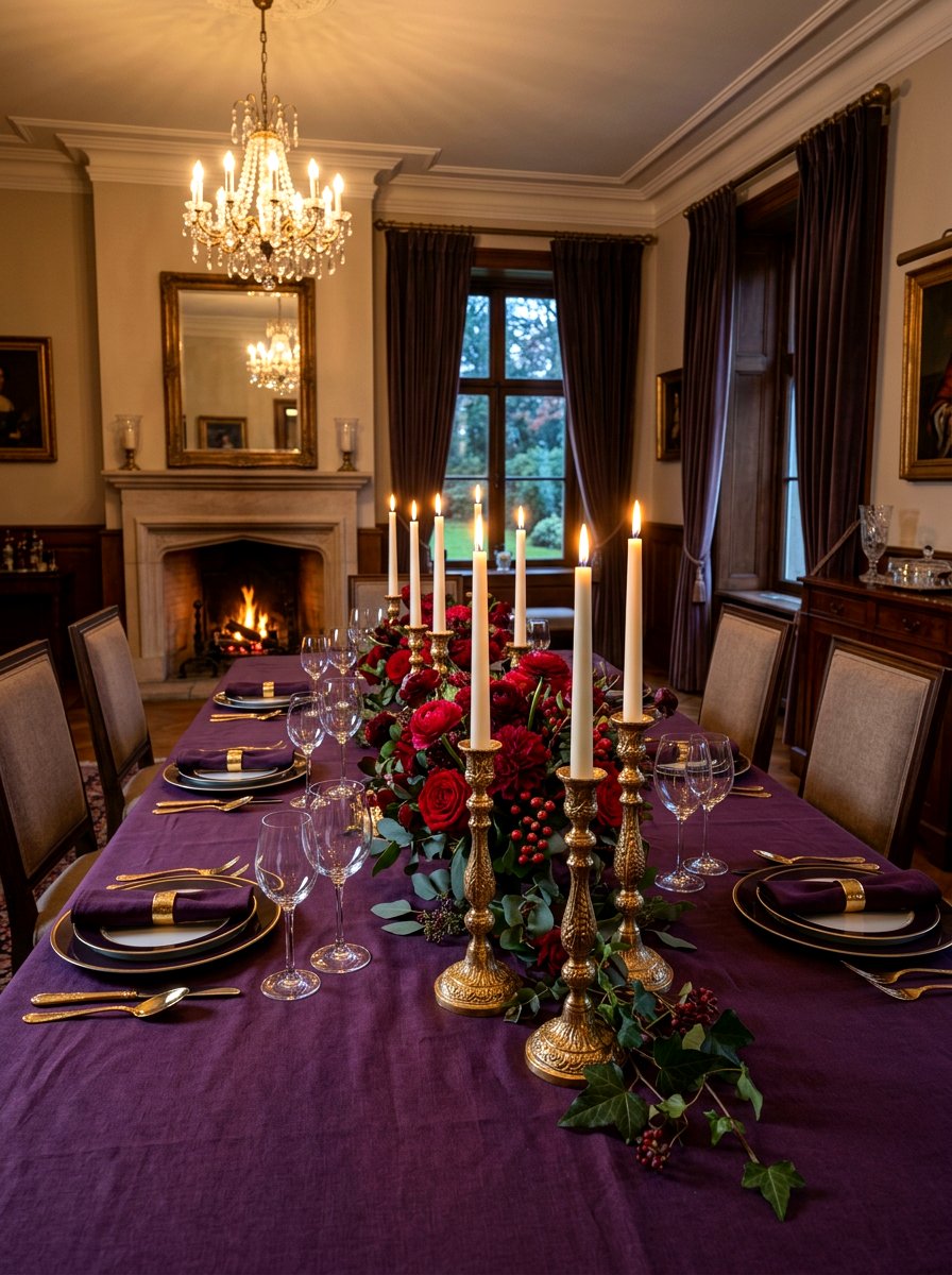 Gold Taper Candle Holders - 30 moody berry tablescape ideas