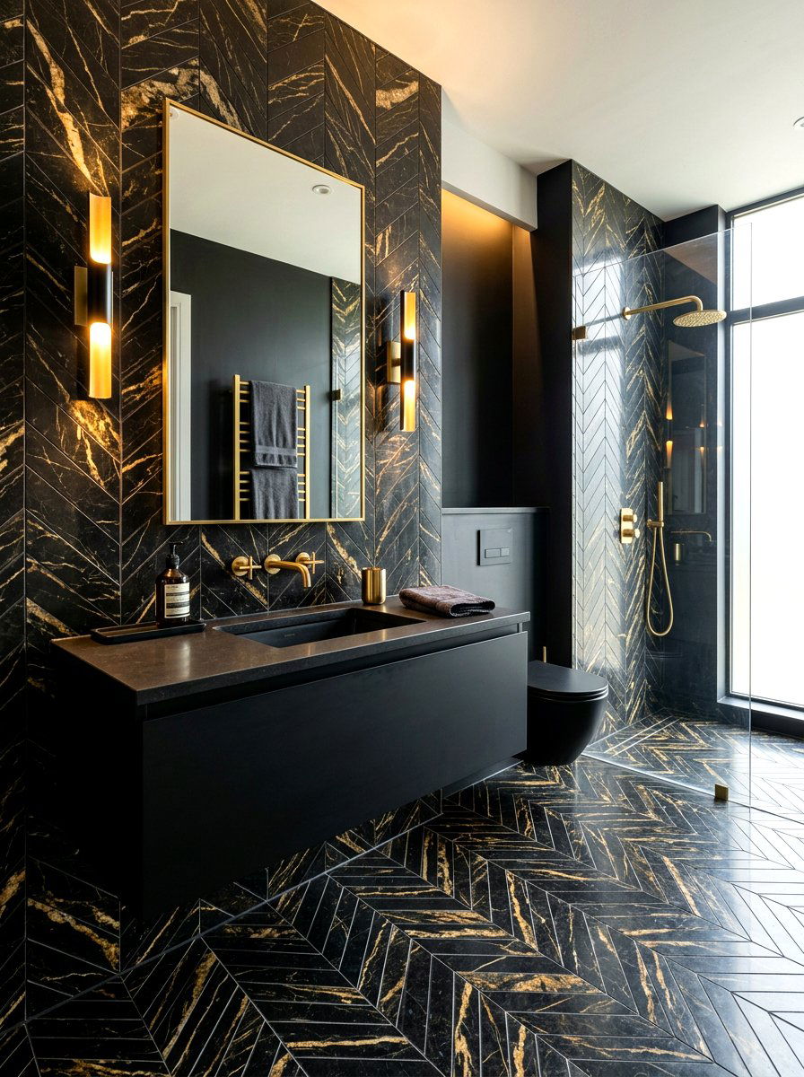 Gold Veined Black Marble Chevron - 30 marble mosaic bathroom ideas