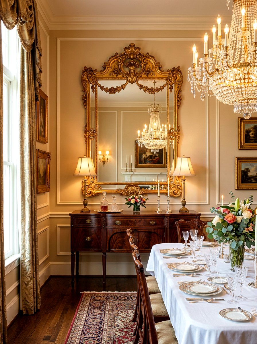 Gold Wall Mirror - 30 warm traditional dining room ideas